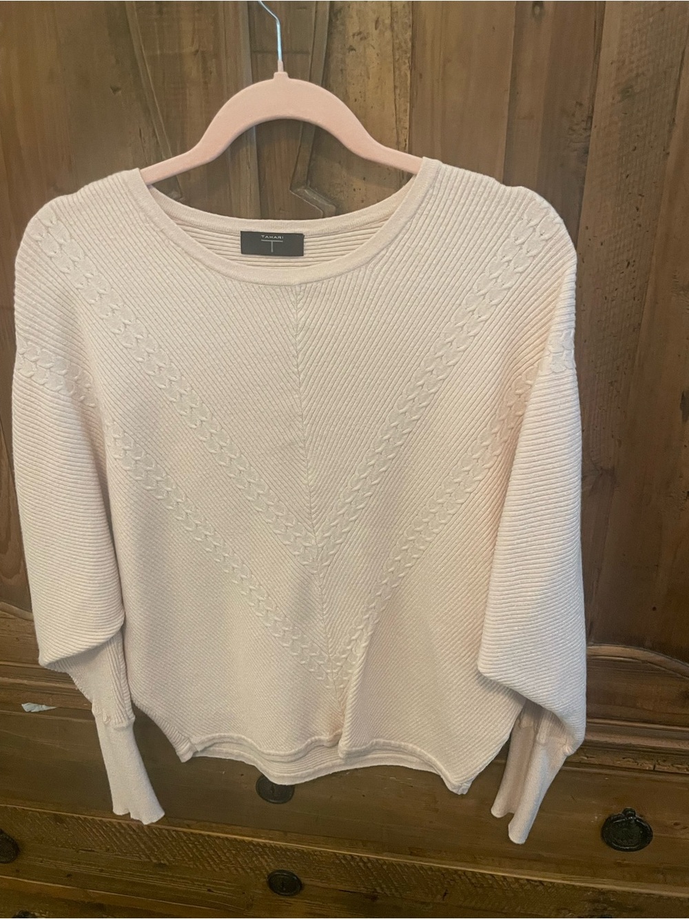 Tahari Cream/pale pink Textured Knit Crewneck Sweater